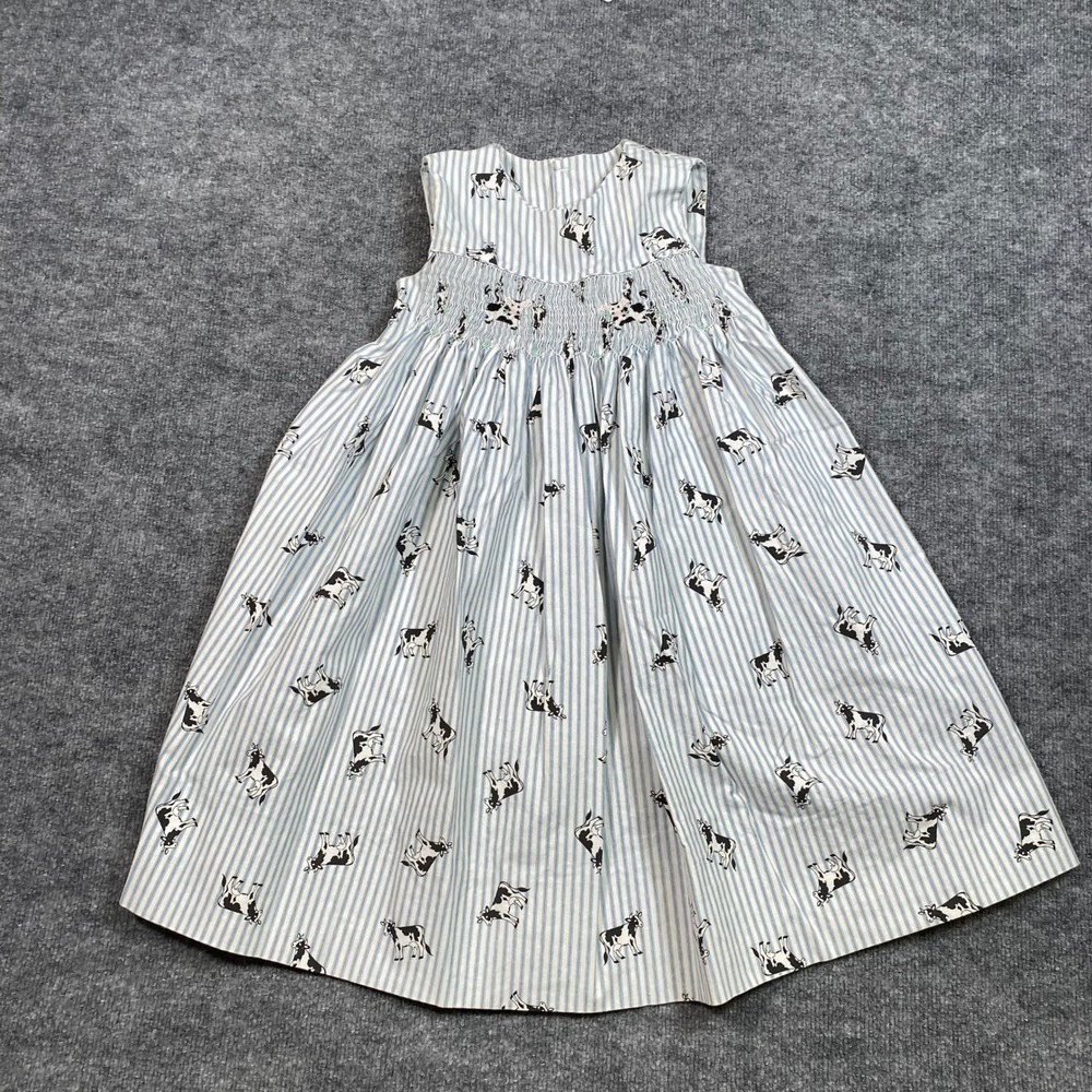 Kids Blue White Striped Cow Print Smocked Sleeveless Button Back Dress